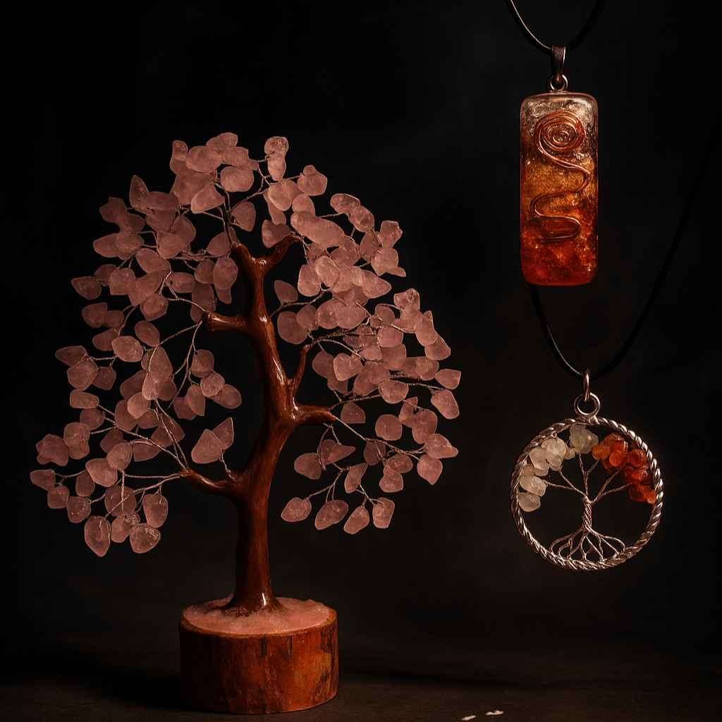 Rose Quartz Gem Tree & Chakra Pendant Set